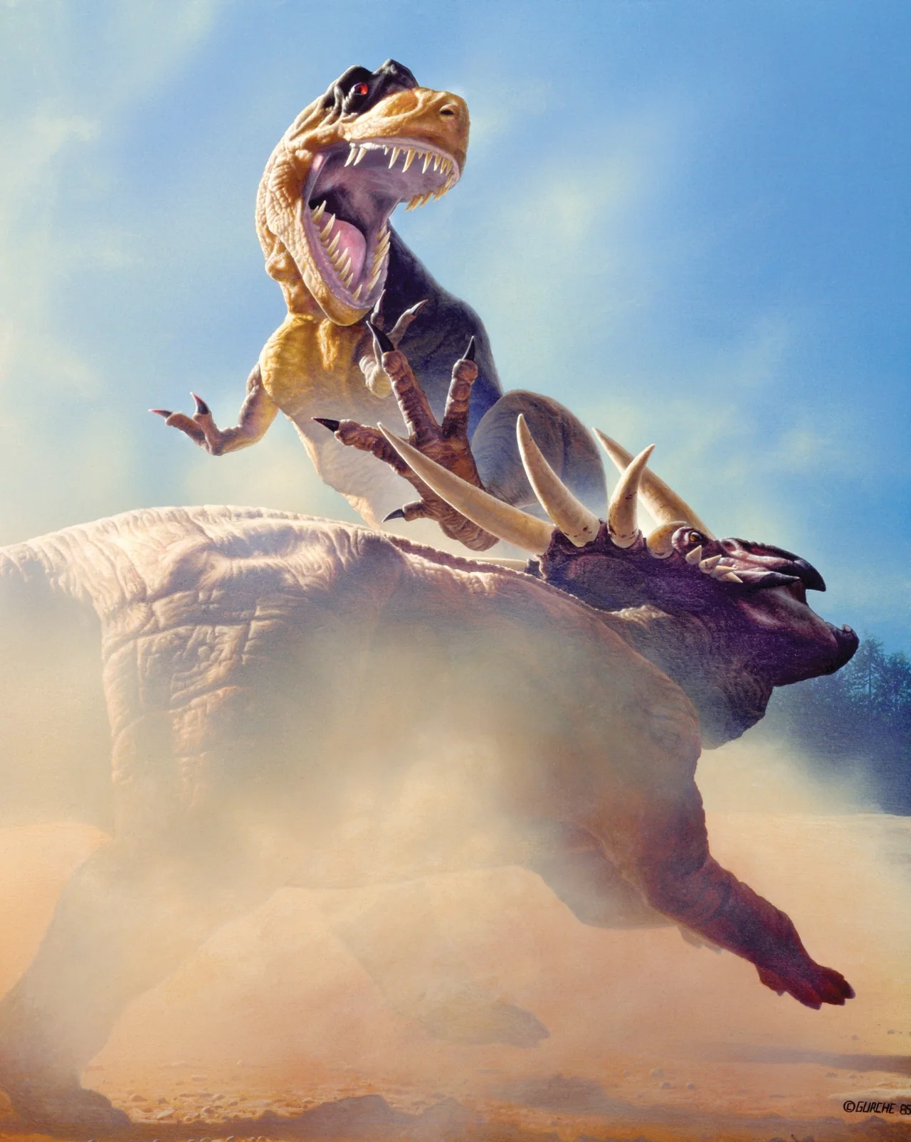 A Daspletosaurus leaps onto the back of a Styracosaurus in a cloud of dust.