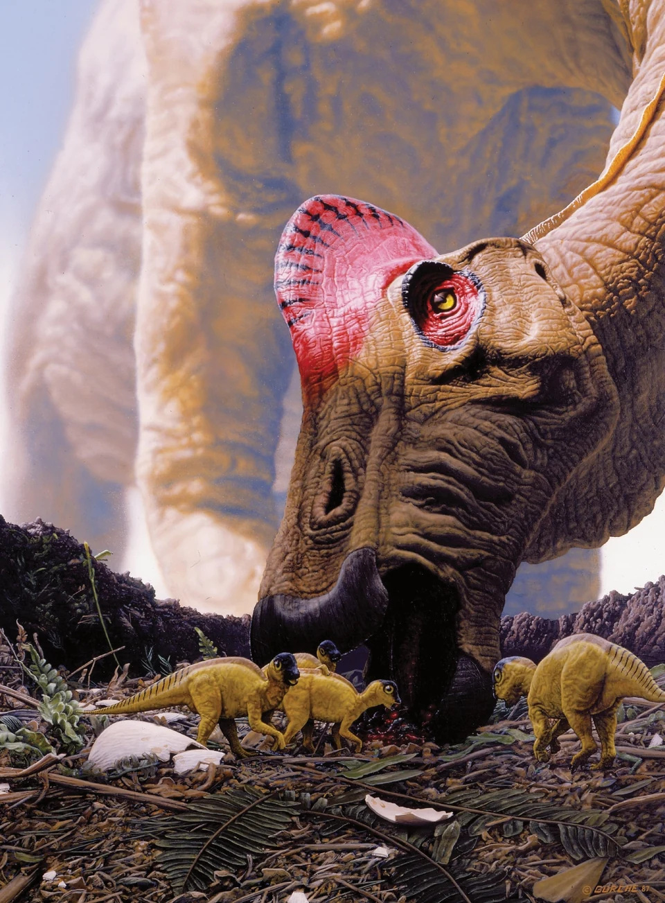 A Hypacrosaurus mother lowers her head toward hatchlings clustered at her feet.
