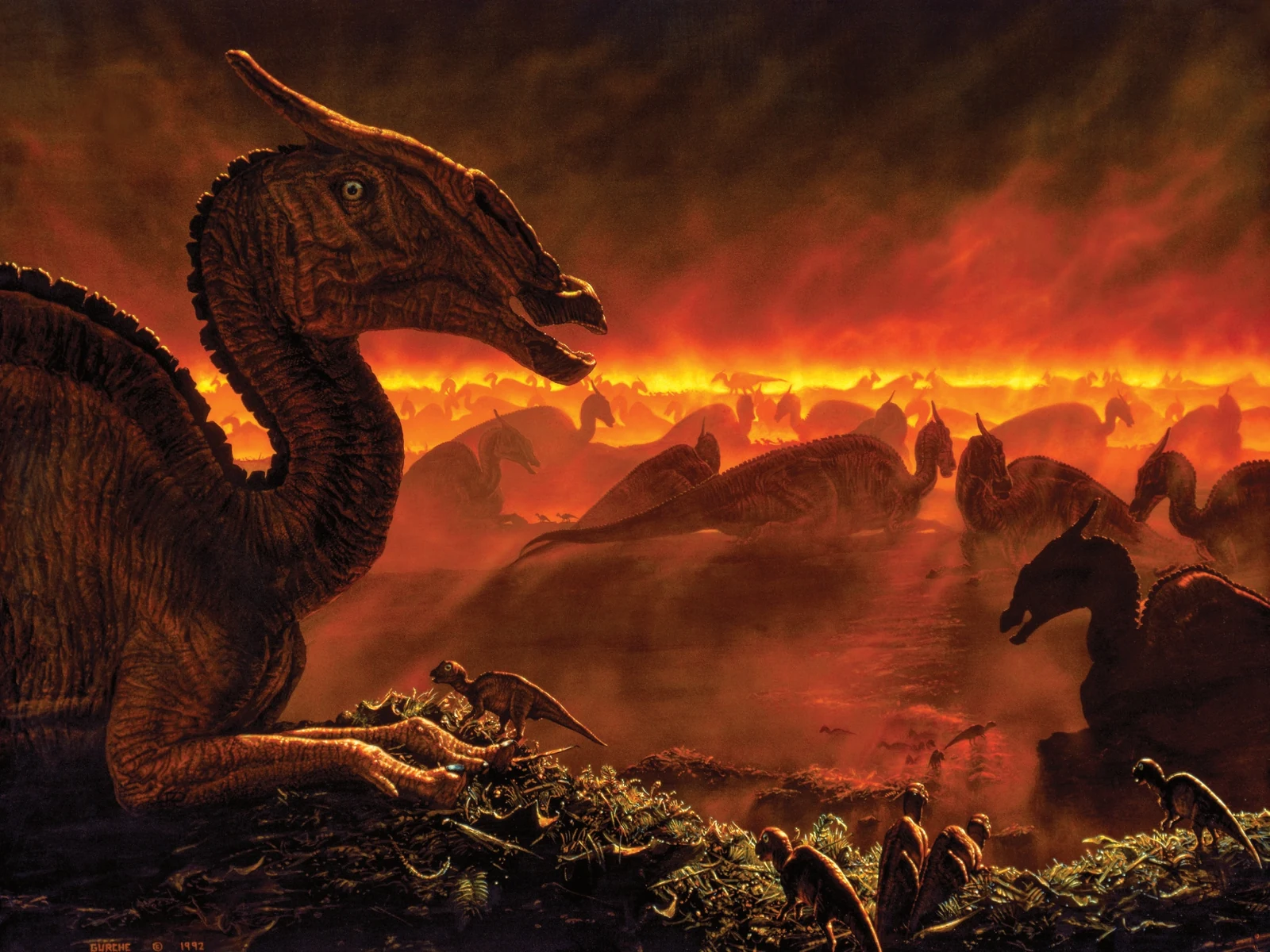 A Saurolophus nesting colony silhouetted against a distant volcanic eruption.
