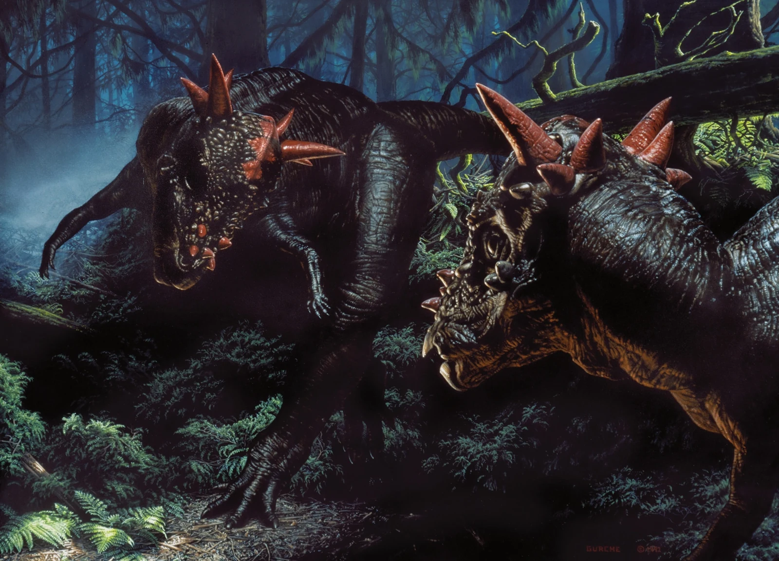Two spike-horned Stygimoloch confront each other in a dark conifer forest.